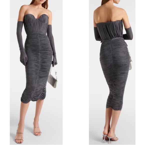 Alex Perry Strapless Sweetheart Ruched Crystal Jersey Iron Gray Midi Dress Sz 4 - Picture 2 of 13